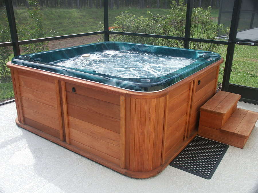 a wooden jacuzzi tub
